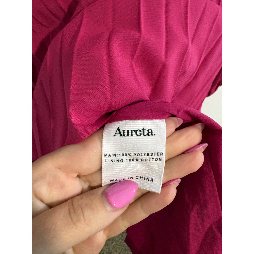 Aureta x Anthropologie Magenta Pleated V-Neck Bishop Sleeve Mini Dress‎ Medium - Picture 5 of 7
